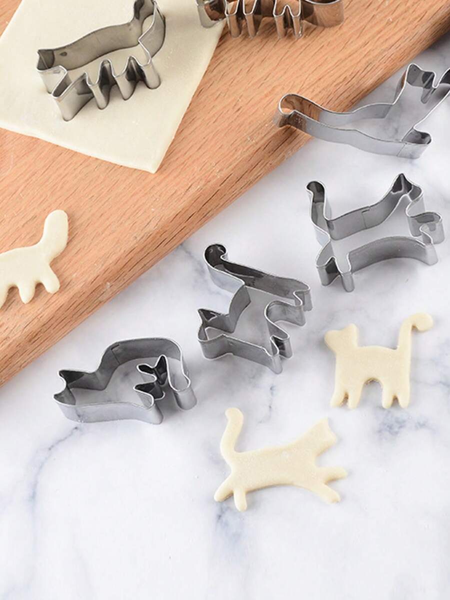 6pcs/set Stainless Steel Animal Shaped Kitty Cookie Cutters Set, Cute Diy Cartoon Baking Molds - Silver - View 1