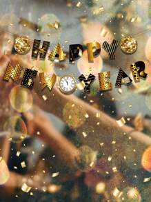 套-2024 年新年快樂字母拉旗，黑色和金色派對裝飾橫幅，帶有星星、煙火、禮品和時鐘設計。非常適合除夕夜和聖誕派對。無需DIY，新年慶祝的理想裝飾