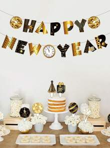 套-2024 年新年快樂字母拉旗，黑色和金色派對裝飾橫幅，帶有星星、煙火、禮品和時鐘設計。非常適合除夕夜和聖誕派對。無需DIY，新年慶祝的理想裝飾