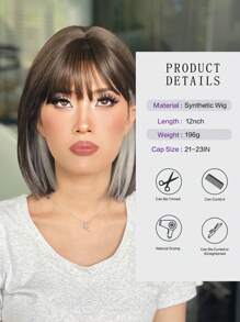 自然中发际线短鲍勃合成耐热假发多色带刘海 12 英寸直发全机器制造日常用于女性自然外观优质合成柔软假发