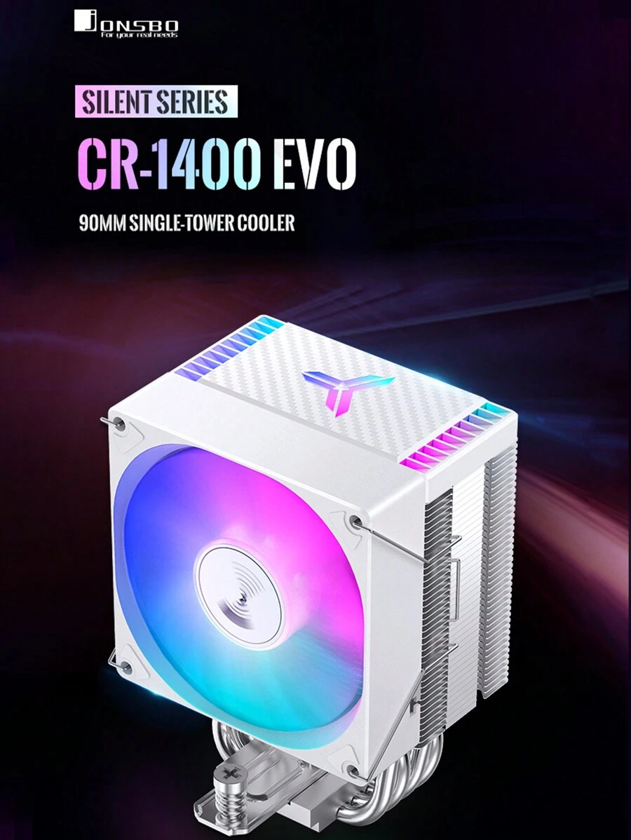 Jonsbo Cr-1400 Evo Rgb 白色cpu風冷散熱器,鎳鍍4熱管,多彩燈效/pwm/130mm高/多平台/附矽脂