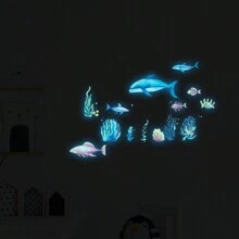 水下世界夜光牆貼卡通貼紙適用於牆飾,藍綠光,冰箱和櫥柜貼紙
