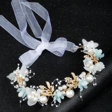 1 女童春夏新款珍珠水鑽花花圈適合婚禮季節花童、舞台表演或度假郊遊 - 藍色 - 查看 3