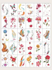 30pcs Colorful Cartoon Flower & Animal Pattern Waterproof Fake Temporary Tattoo Sticker For Shoulder, Neck, Collarbone, Hand - Multicolor - View 5