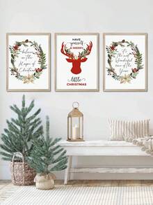 3入組聖誕裝飾海報,聖誕花環、馴鹿頭、聖誕快樂、農舍牆藝術、無框畫布印刷