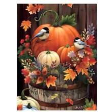 南瓜和鳥的十字繡套件,diy手工刺繡,客廳家居裝飾掛畫線刺繡9ct11ct印花布餐廳豎直版自助刺繡 - 36種顏色繡線 - 查看 1