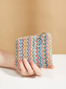 Women's Cute Square Shaped Storage Fashionable Colorful Woven Design Portable Keychain Clutch Bag Straw Keychain Wallet Wallet Keychain For Women Wallet Mini Wallet Purse Wallet Coin Wallet - Multicolor - View 6