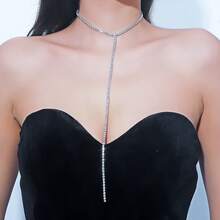 1pc Rhinestone Embellished Minimalist Y-Shaped Long Necklace, Suitable For Women To Wear At Nightclub And Formal Events