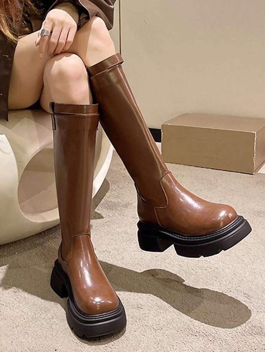 Women's Over-the-knee Boots, New British Style Slim High Skinny Boots, Thick Bottom Increased Belt Buckle Riding Boots, Autumn And Winter - Brown - View 1