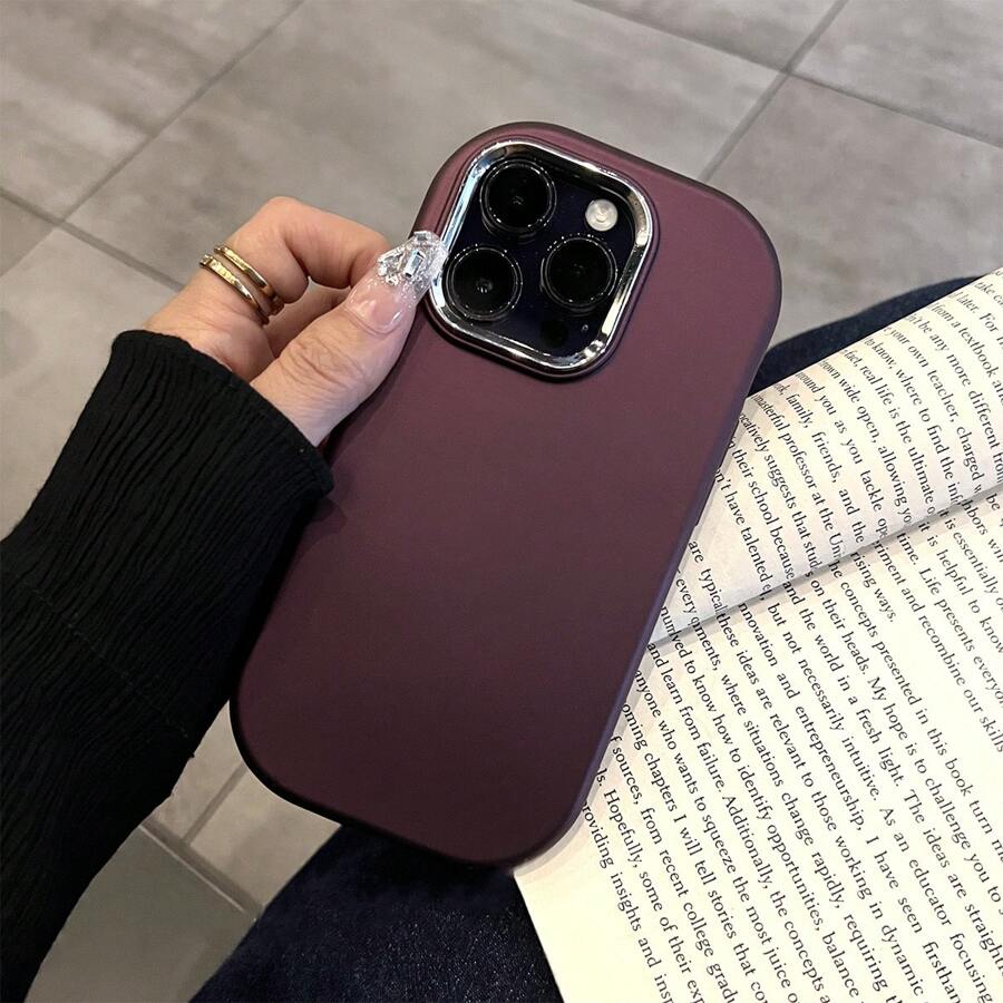 1pc Silver Plated Anti-drop Phone Case With Matte Surface & Flexible Silicone Material And Lens Protection Ring, Solid Color, Compatible With Iphone