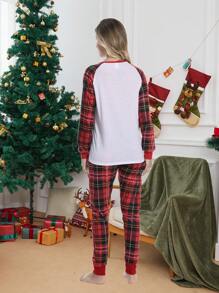 2 件套女士圣诞节家庭配套睡衣趣味汽车和圣诞树格子长袖上衣和裤子节日舒适休闲服套装 - 白色 - 查看 2
