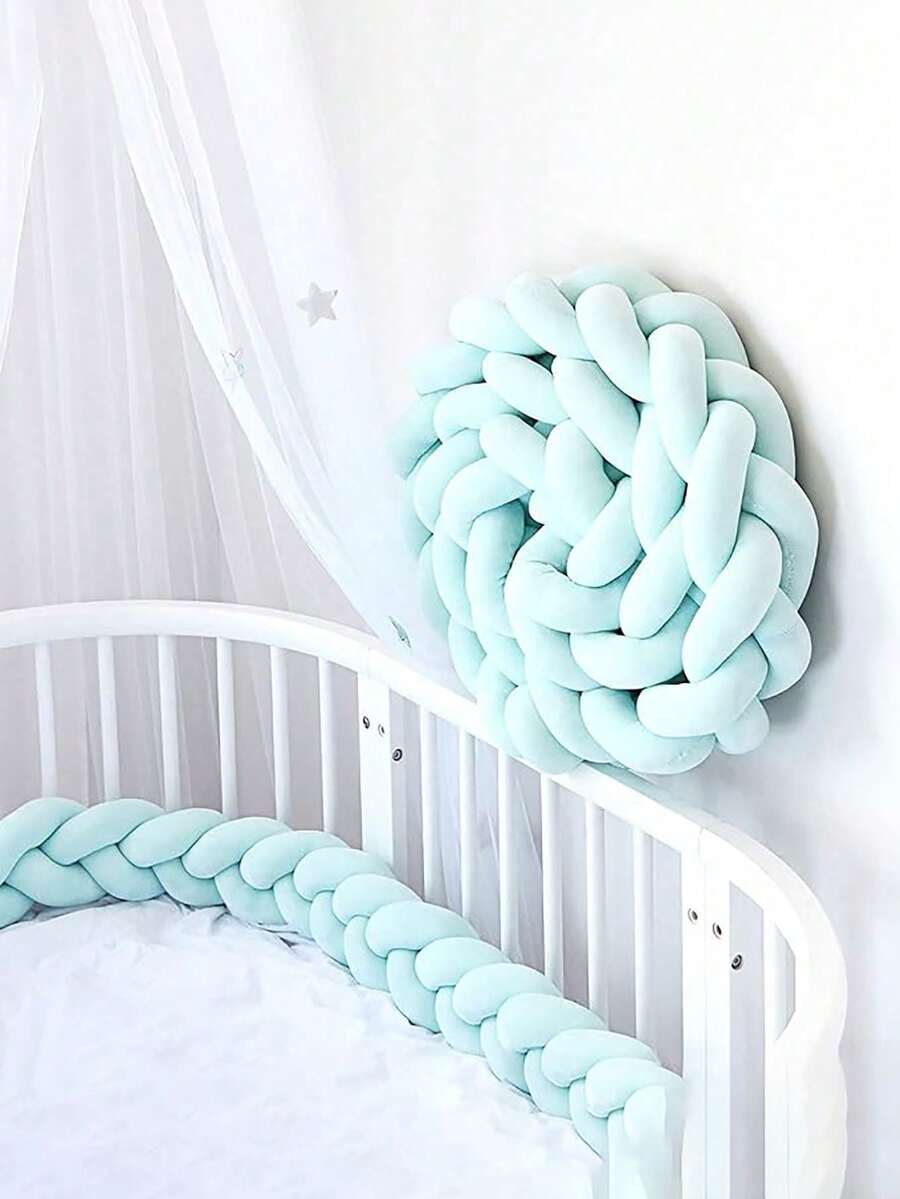 1 tấm phủ thanh chắn nôi hình quả bóng dài thắt nút, thanh chắn giường trang trí bện, thanh chắn nôi em bé, tấm bảo vệ nôi mọi mùa, thanh chắn cho trẻ sơ sinh/trẻ mới biết đi - Xanh nhạt - Xem 1