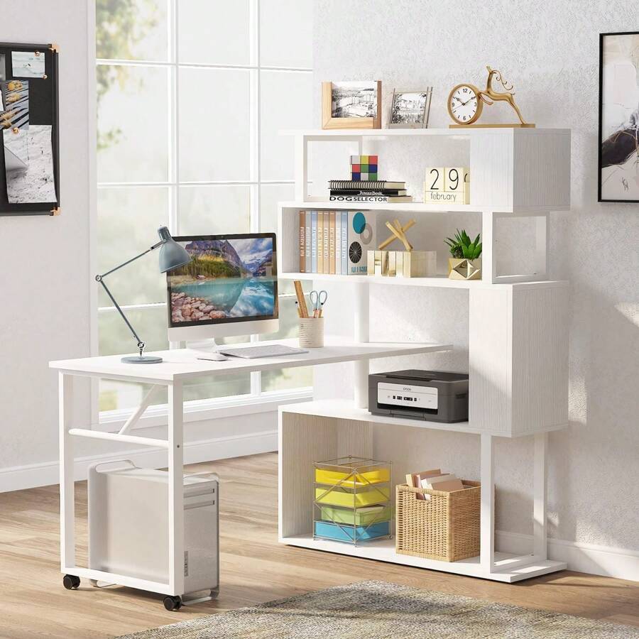Tribesigns Rotating Computer Desk With 5 Shelves Bookshelf, Modern L ...