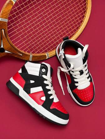 Boys" Outdoor Lace-Up Sneakers Black White Red Color Block High-Top Roller Skate Shoes With Zipper Closure, Breathable & Skateboarding Shoes Suitable For All Seasons.
