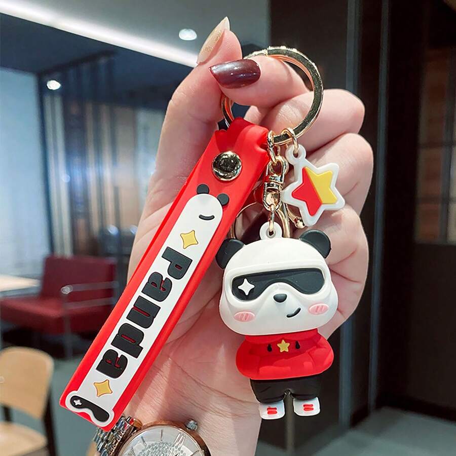 1pc Men's Cute Red Soft Rubber Cartoon Panda Keychain, Daily Use - Red - View 1