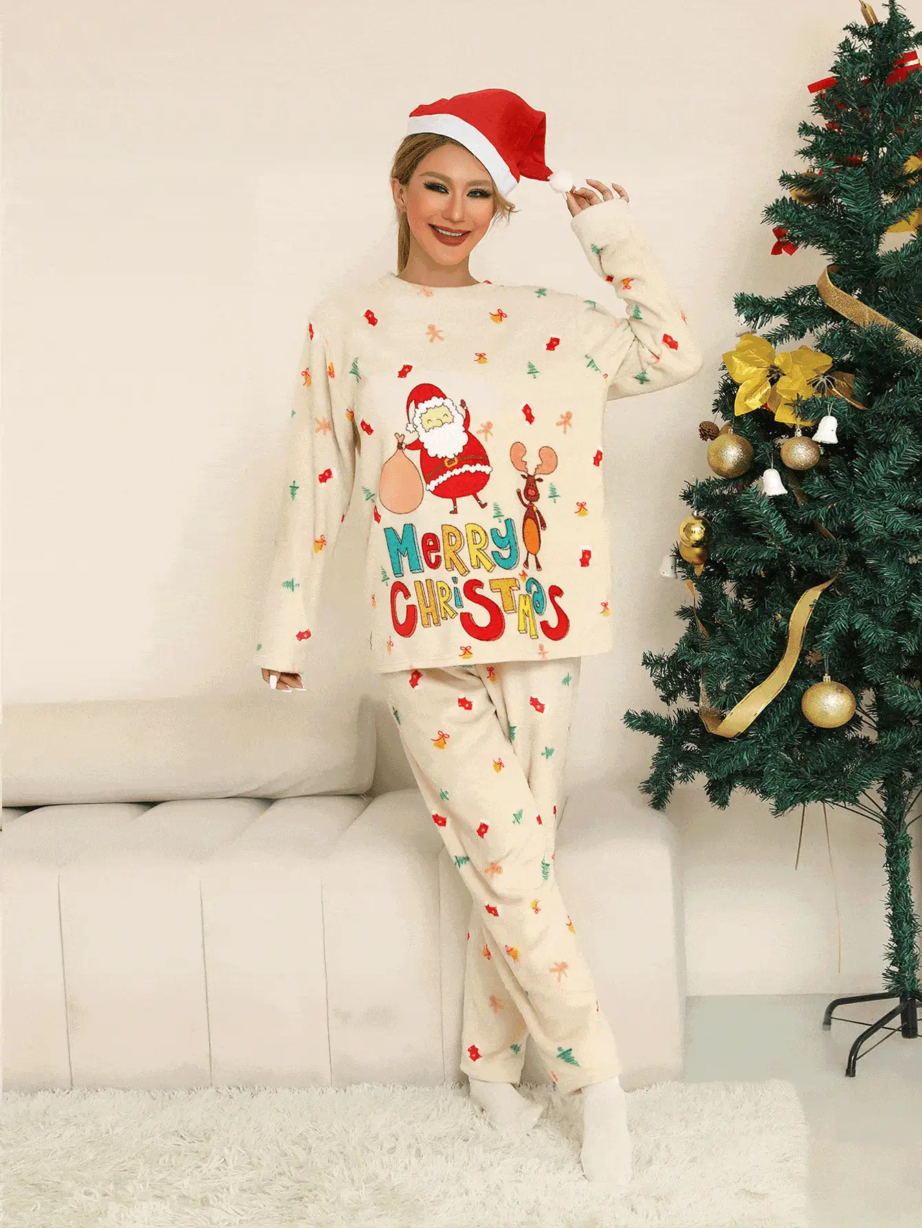 Conjunto de pijama de Navidad para mujer, cómodo y relajado (que incluye gorro, blusa, pantalón, calcetines y bolsa de regalo) - Rojo - Ver 2