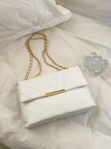 Simple fashion solid color PU flap gold large capacity niche geometric elegant intellectual bag women's bag embroidery thread metal chain shoulder bag