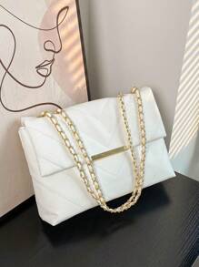 Simple fashion solid color PU flap gold large capacity niche geometric elegant intellectual bag women's bag embroidery thread metal chain shoulder bag