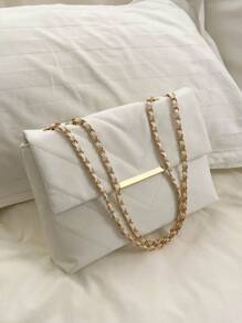 Simple fashion solid color PU flap gold large capacity niche geometric elegant intellectual bag women's bag embroidery thread metal chain shoulder bag