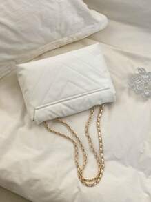 Simple fashion solid color PU flap gold large capacity niche geometric elegant intellectual bag women's bag embroidery thread metal chain shoulder bag