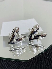 2入組合金心形和珍珠裝飾的ins風格極簡主義女性時尚耳釘 - 銀色 - 查看 5