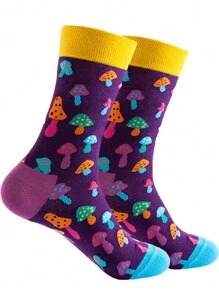 1pair Men's Fashionable Mid-Calf Socks With Mushroom Pattern For Autumn/Winter, Fall - Multicolor - View 2