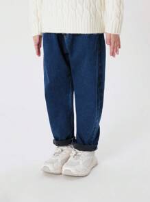 男女通用时尚保暖内衬萝卜裤牛仔裤，冬季保暖（洗涤标签在左口袋内） - 深色水洗藍 - 查看 2