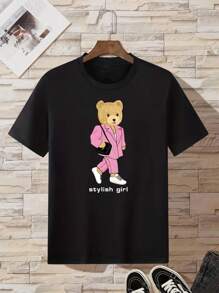 Letter And Bear Print T-Shirt - Black - View 3