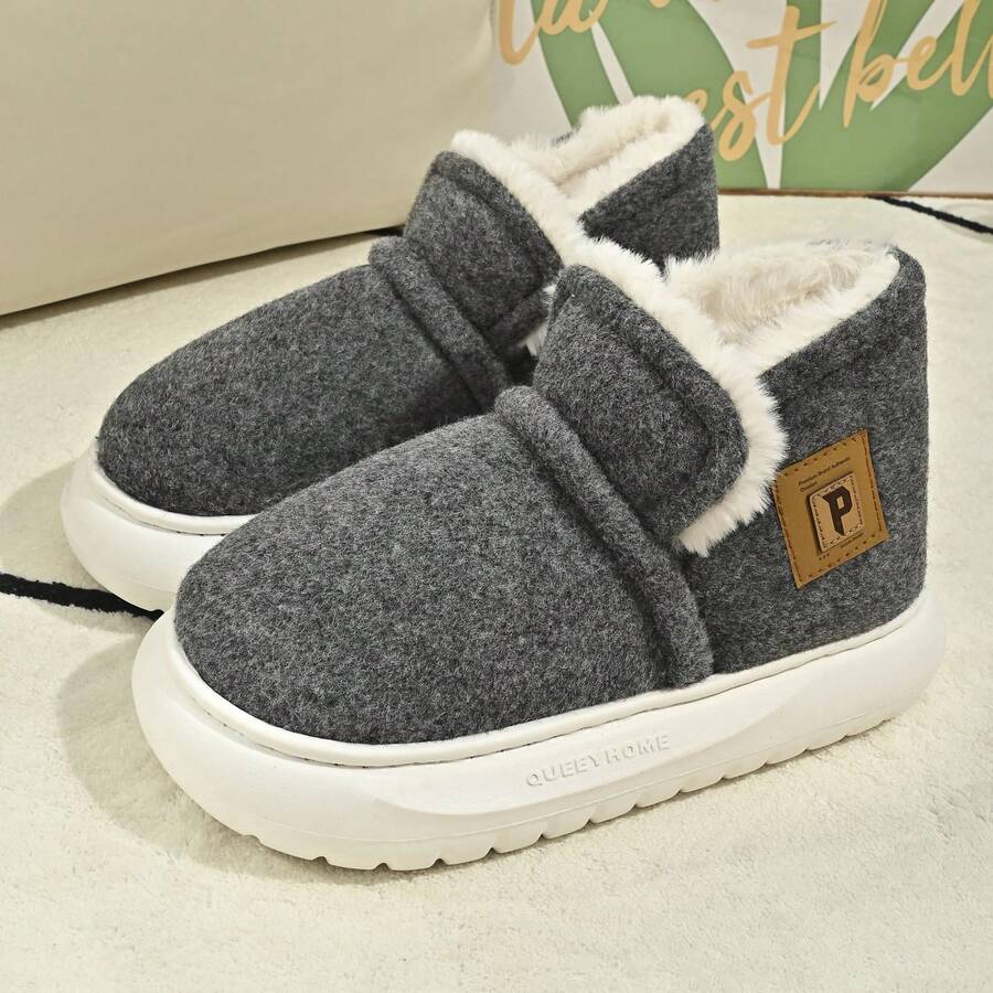 男女兩用厚實毛絨拖鞋,簡約風格,防滑,帶腳跟包裹,室內/戶外保暖雪地靴