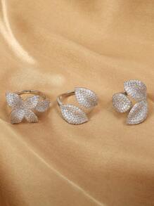 rakol 1 件时尚方晶锆石叶子设计开口戒指，适合女性日常佩戴 - 銀色 - 查看 2