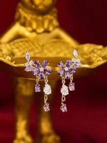 925純銀針花瓣形紫色流蘇耳環,水晶吊墜設計,獨特豪華花和葉子女士配飾