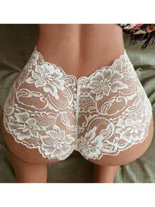Calzones cacheteros con encaje para mujer,Bragas con encaje floral con diseño de lazo,Bragas con encaje en contraste - Blanco - Ver 1