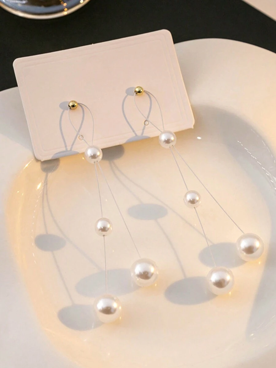 時尚冷色調珍珠流蘇耳環,女性長款輕鬆款式,獨特的個性化耳飾