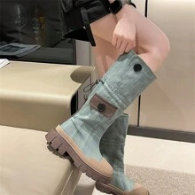 女性西部風格牛仔靴,超過膝蓋,粗高跟長筒靴,2023新品到貨 - 藍色 - 查看 3