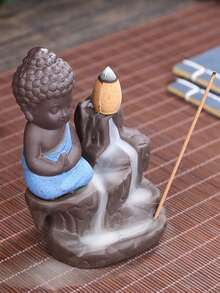 1PC The Little Monk Censer Creative Home Decor Small Buddha Incense Holder Backflow Incense Burner Use In Home Teahouse - Green - View 6