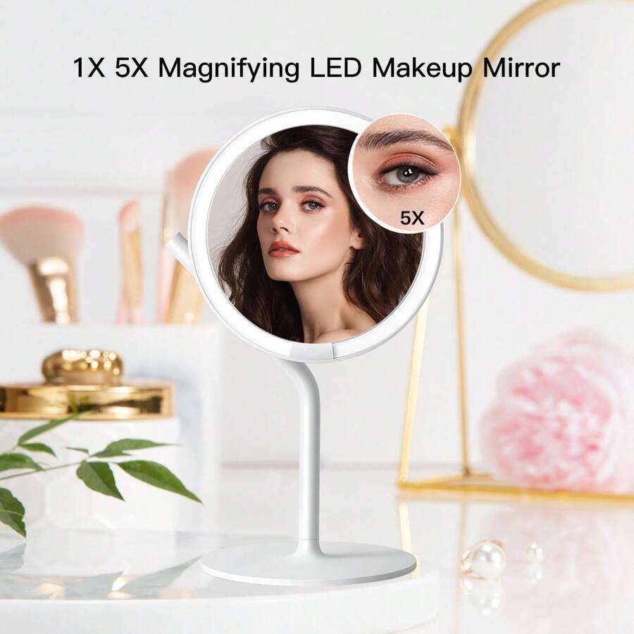 Espejo De Maquillaje Led Iluminado Amiro, Espejo De Tocador De 8" Recargable Y Ajustable Con 180° De Rotación, Espejo De Aumento Desmontable De 5x, Blanco - Blanco - Ver 1
