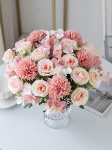 1朵人造花絲織繡球花束假茶玫瑰,適用於秋季婚禮花瓶,家庭餐廳臥室裝飾,節慶生日派對配飾,戶外花園裝飾