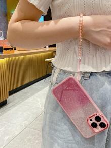 1pc Translucent Pink Phone Case With Beaded Wrist Strap Compatible With IPhone/Compatible With Samsung/Compatible With Xiaomi/Compatible With Redmi/Compatible With Oppo/Compatible With Vivo,International Version, Not The Domestic Version - Baby Pink - View 2