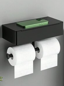 1pc Toilet Paper Holder With Shelf, Bathroom Wipes Storage Box, Stainless Steel Toilet Roll Paper Holder, Wall Mounted Tissue Dispenser Container, Bathroom Hanging Tissue Storage Rack, Bathroom Accessories - Black - View 1