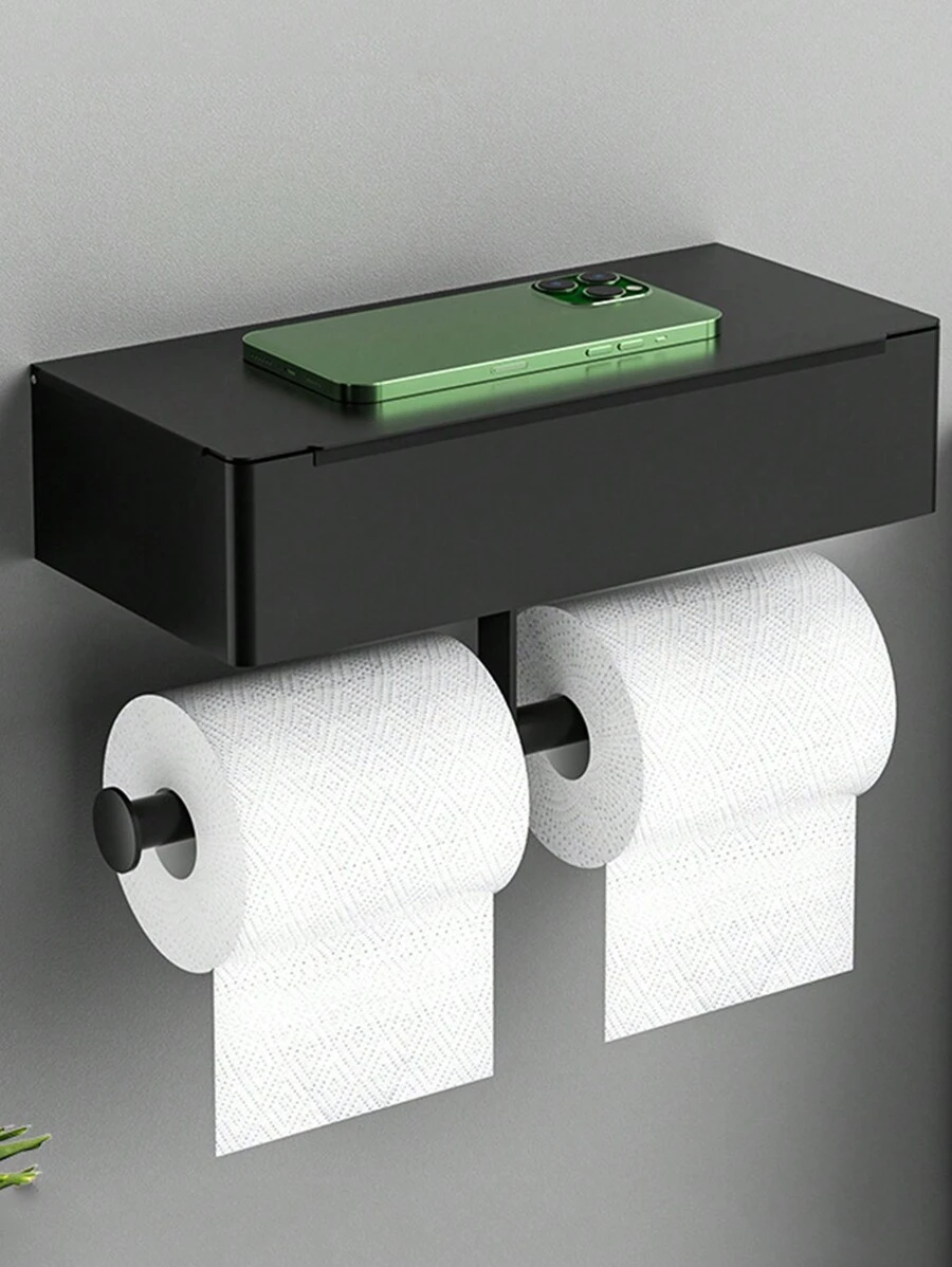 1pc Toilet Paper Holder With Shelf, Bathroom Wipes Storage Box, Stainless Steel Toilet Roll Paper Holder, Wall Mounted Tissue Dispenser Container, Bathroom Hanging Tissue Storage Rack, Bathroom Accessories - Black - View 1