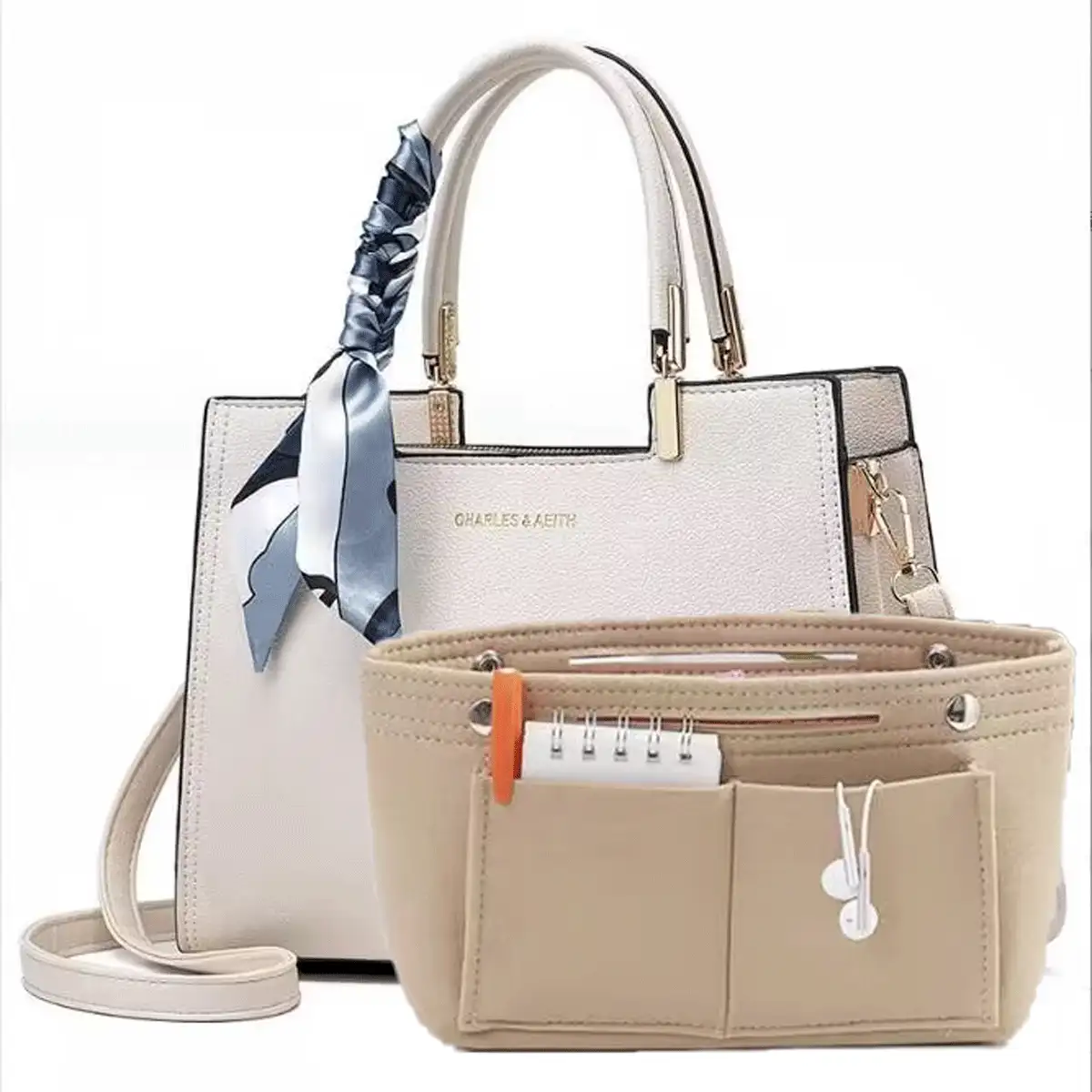 1 件多功能毛毡化妆包，大容量防水毛毡收纳袋，带内衬收纳袋 - 米色 - 查看 12