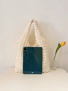 秋冬簡約風ins風格百褶單肩包,流行韓語托特包 - 米色 - 查看 3