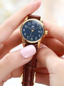OLEVS. OLEVS Women's Business Dress Watches For Ladies Female Brown Leather Strap Small Face Dress Analog Quartz Wrist Watch With Calendar Day Date Waterproof Luminous Gift Classic Casual Retro Band - 藍色 - 查看 6