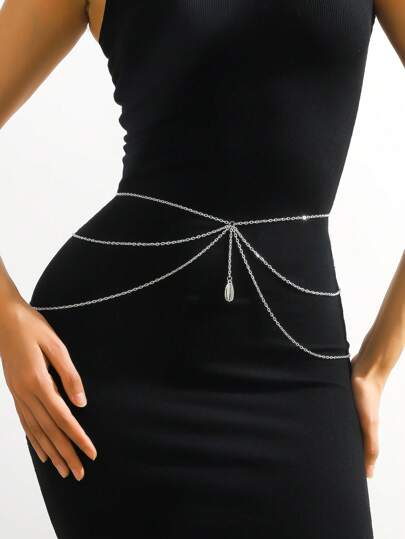 1 pieza Cadena para la cintura de estilo europeo y americano sexy para damas, con colgante de concha marina, cadena multicapa de rhinestone, para fiesta, boda y uso diario, longitud 105cm, arnés de Halloween, verano, escuela, otoño, Halloween