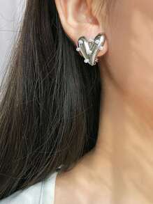 2入組合金心形和珍珠裝飾的ins風格極簡主義女性時尚耳釘 - 銀色 - 查看 2