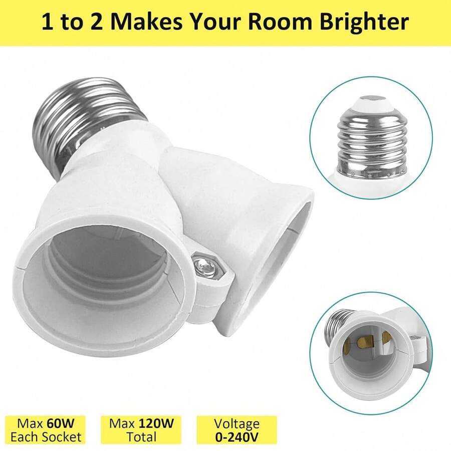 BOBORAT 1pc Light Bulb Socket Adapter Compatible With E27/E26 Splitter And 2-Head Lamp Holder Converter - White - View 1