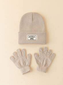 1件套孩子們的1947刺繡豆豆帽和手套套裝 - 卡其色 - 查看 3