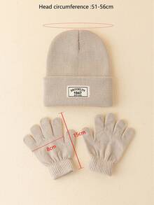 1件套孩子們的1947刺繡豆豆帽和手套套裝 - 卡其色 - 查看 4