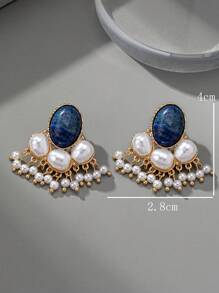 1pair Bohemian Elegant Vintage Turquoise & Tassel Dangle Earrings For Festival, Birthday, Dating, Party, Vacation, Shopping, Daily Commute Accessories - Blue and White - View 6