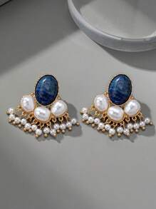 1pair Bohemian Elegant Vintage Turquoise & Tassel Dangle Earrings For Festival, Birthday, Dating, Party, Vacation, Shopping, Daily Commute Accessories - Blue and White - View 2